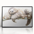 Framed wall art featuring a sloth design in a vibrant, colorful style, showcasing its unique details against a sleek black frame, perfect for animal lovers’ decor.