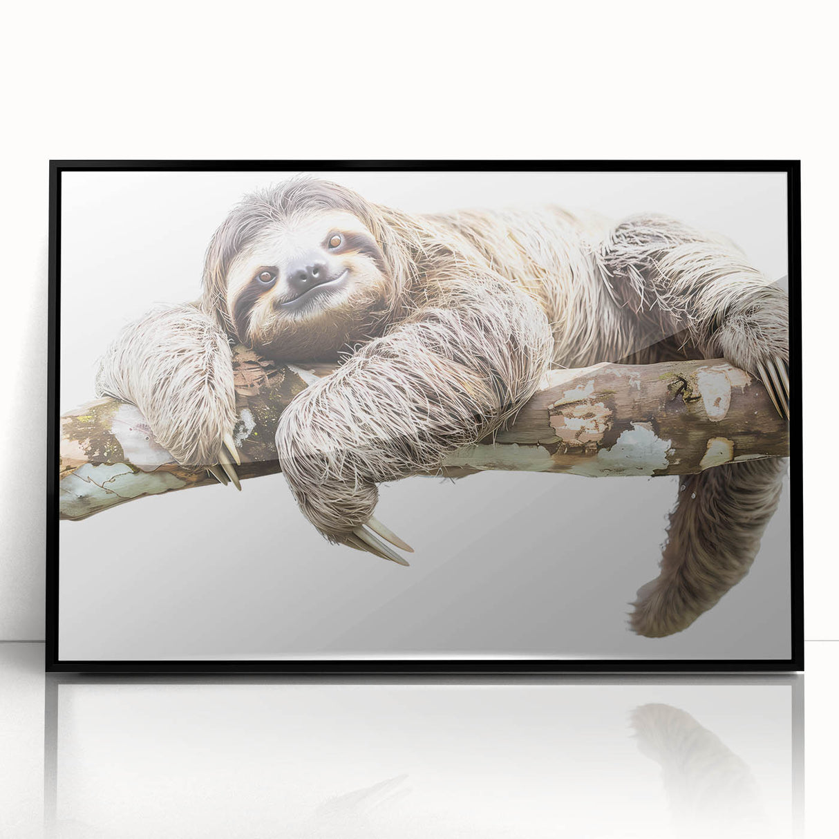 Framed wall art featuring a sloth design in a vibrant, colorful style, showcasing its unique details against a sleek black frame, perfect for animal lovers’ decor.
