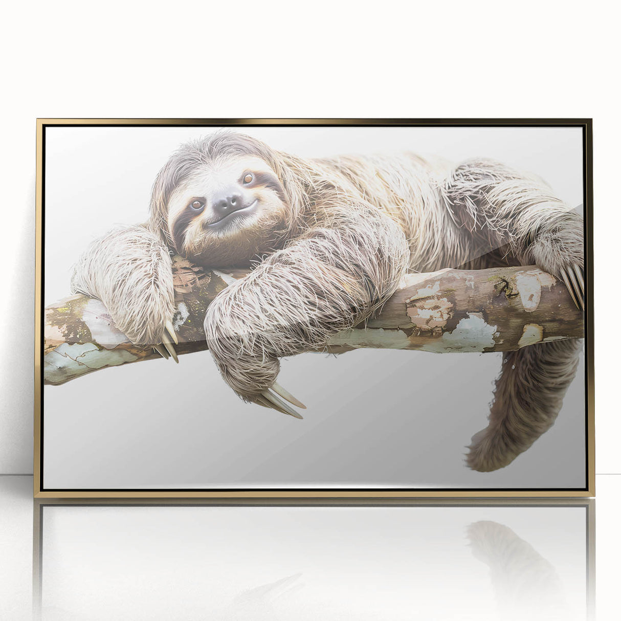 Framed acrylic wall art featuring a whimsical sloth design in a vibrant, colorful palette, ideal for animal lovers and home decor enthusiasts. This unique piece adds a playful touch to any space, showcasing the charm of wildlife.
