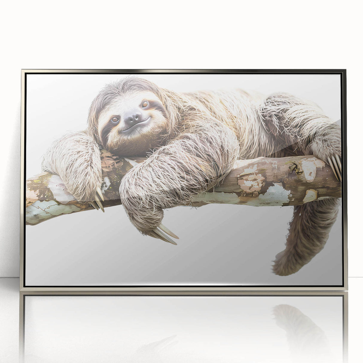 Framed wall art showcasing a sloth design in a vivid, colorful illustration, set in a sleek silver frame, perfect for animal lovers and home decor enthusiasts.