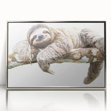 Framed wall art showcasing a sloth design in a vivid, colorful illustration, set in a sleek silver frame, perfect for animal lovers and home decor enthusiasts.