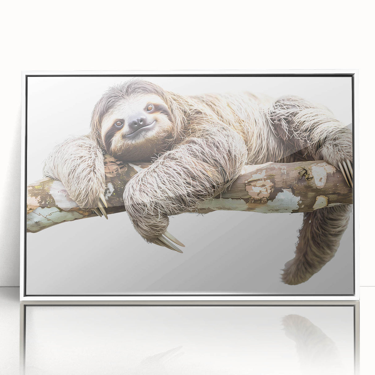 Framed wall art featuring a sloth design from the "Animals: A Wild Life" collection, showcasing vibrant colors against a sleek white background for a modern aesthetic.