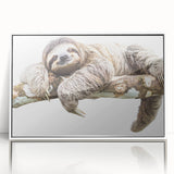 Framed wall art featuring a sloth design from the "Animals: A Wild Life" collection, showcasing vibrant colors against a sleek white background for a modern aesthetic.