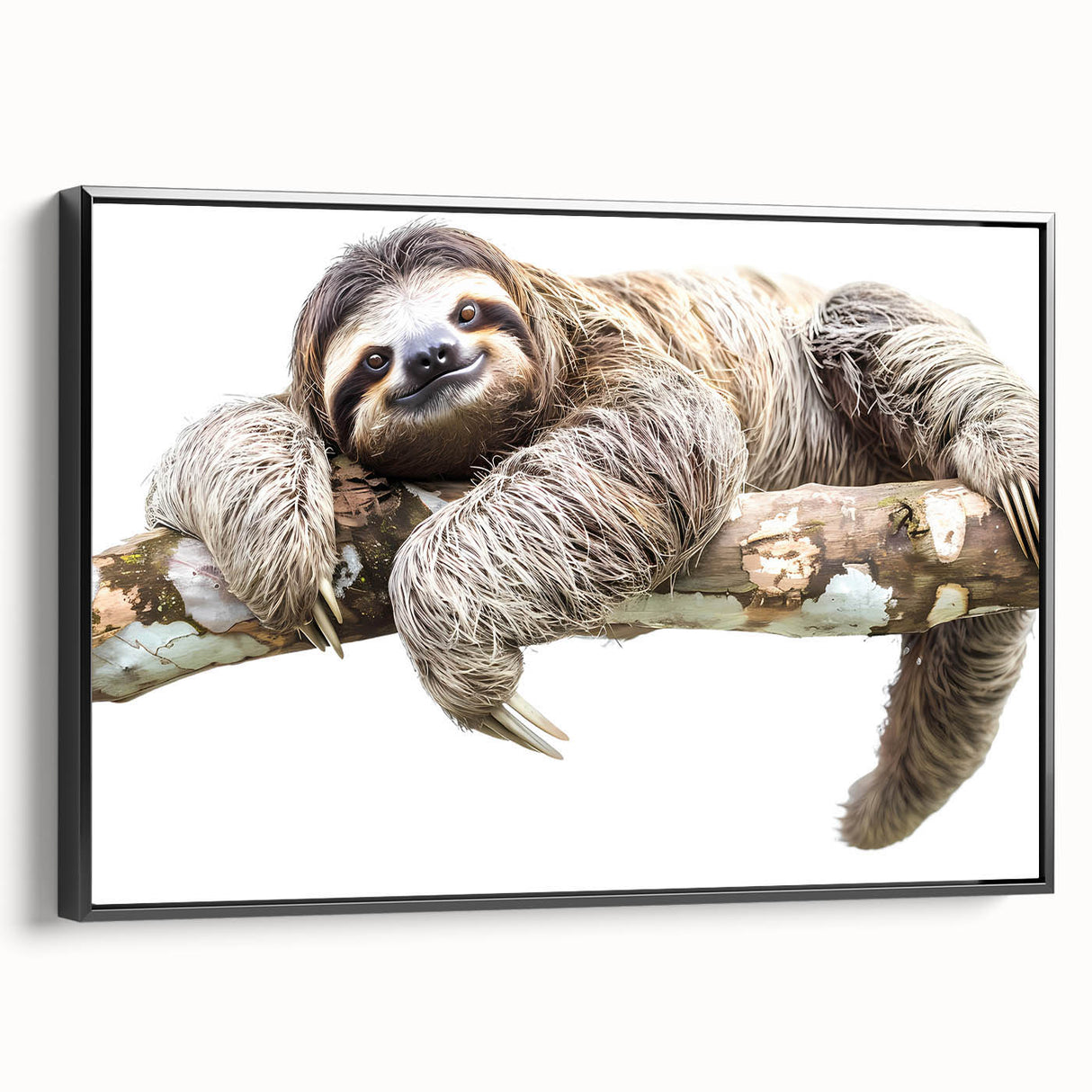 Framed canvas wall art featuring a sloth design from the "Animals A Wild Life" collection, showcasing vibrant colors and a sleek black frame, ideal for animal lovers.