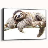 Framed canvas wall art featuring a sloth design from the "Animals A Wild Life" collection, showcasing vibrant colors and a sleek black frame, ideal for animal lovers.