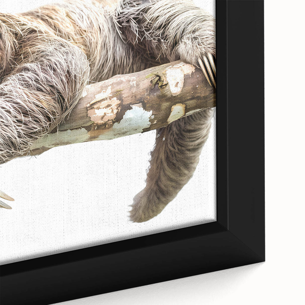 Close-up of a framed canvas wall art featuring a sloth design, showcasing vibrant colors and intricate details, perfect for animal lovers and home decor enthusiasts.