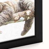 Close-up of a framed canvas wall art featuring a sloth design, showcasing vibrant colors and intricate details, perfect for animal lovers and home decor enthusiasts.