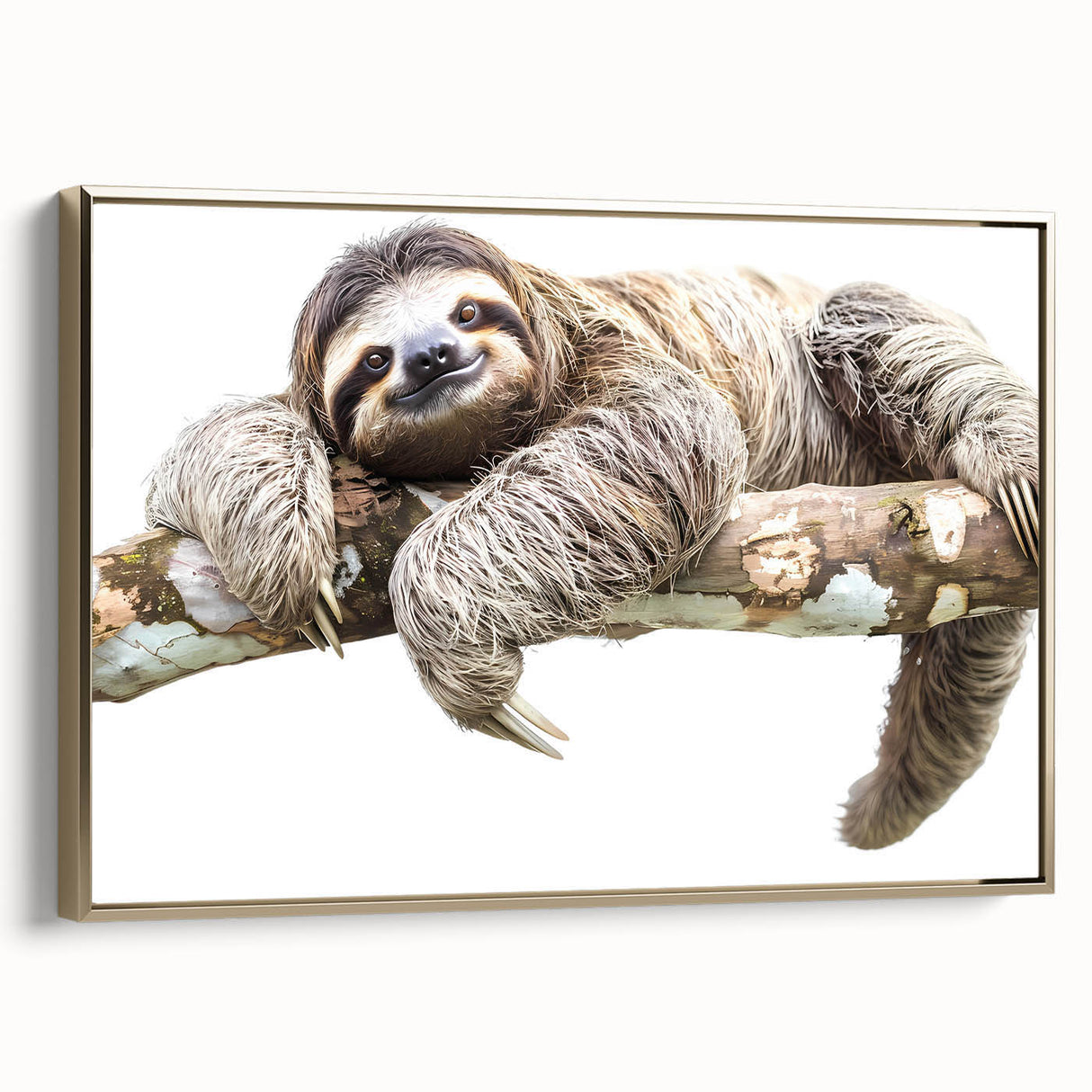 Framed canvas wall art featuring a sloth design in a vibrant color palette, with a gold frame, showcasing a playful and whimsical nature theme ideal for animal lovers.