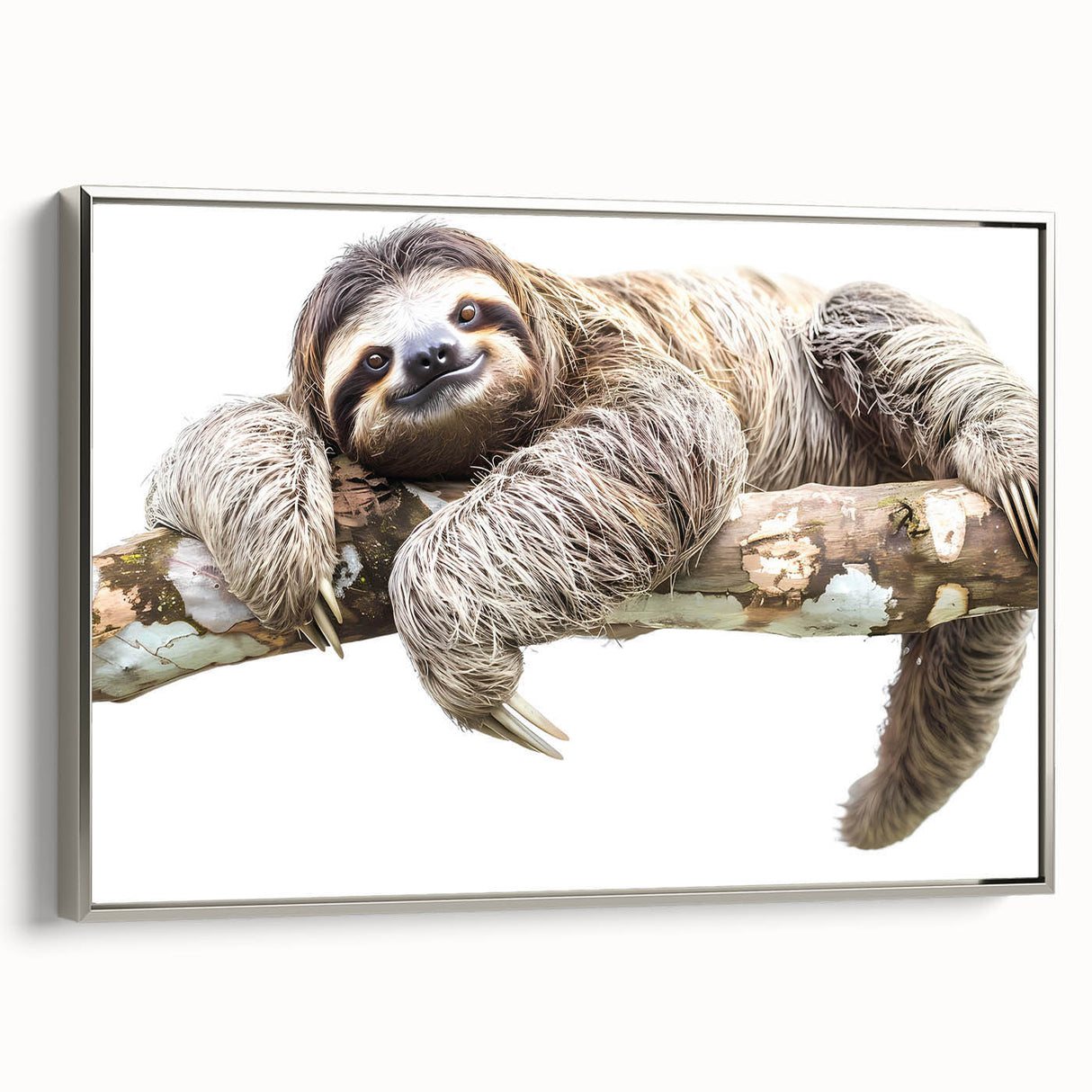 Framed canvas wall art showcasing a sloth design from the "Animals A Wild Life" collection, featuring a silver frame and vibrant colors, ideal for animal lovers.