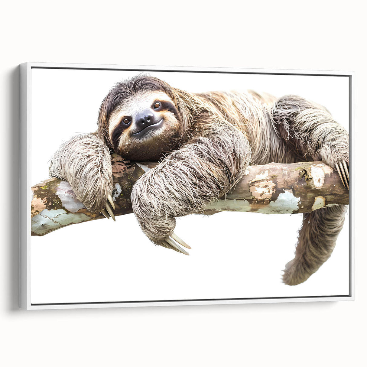 Framed wall art featuring a whimsical sloth design on a white background, showcasing vibrant colors and intricate details, perfect for animal lovers and home decor.