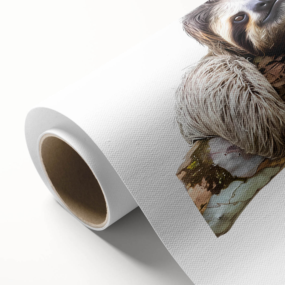 Rolled canvas wall art depicting a tranquil sloth hanging from a branch in a vibrant jungle setting, perfect for nature lovers and home decor enthusiasts.