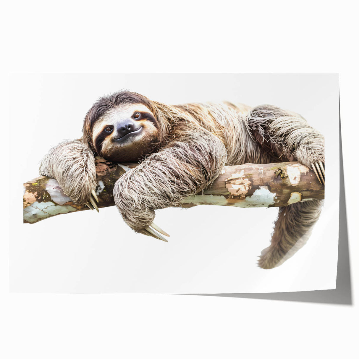 Sloth-themed wall art print showcasing a vibrant, colorful design featuring a playful sloth hanging from a branch, perfect for animal lovers and home decor enthusiasts.