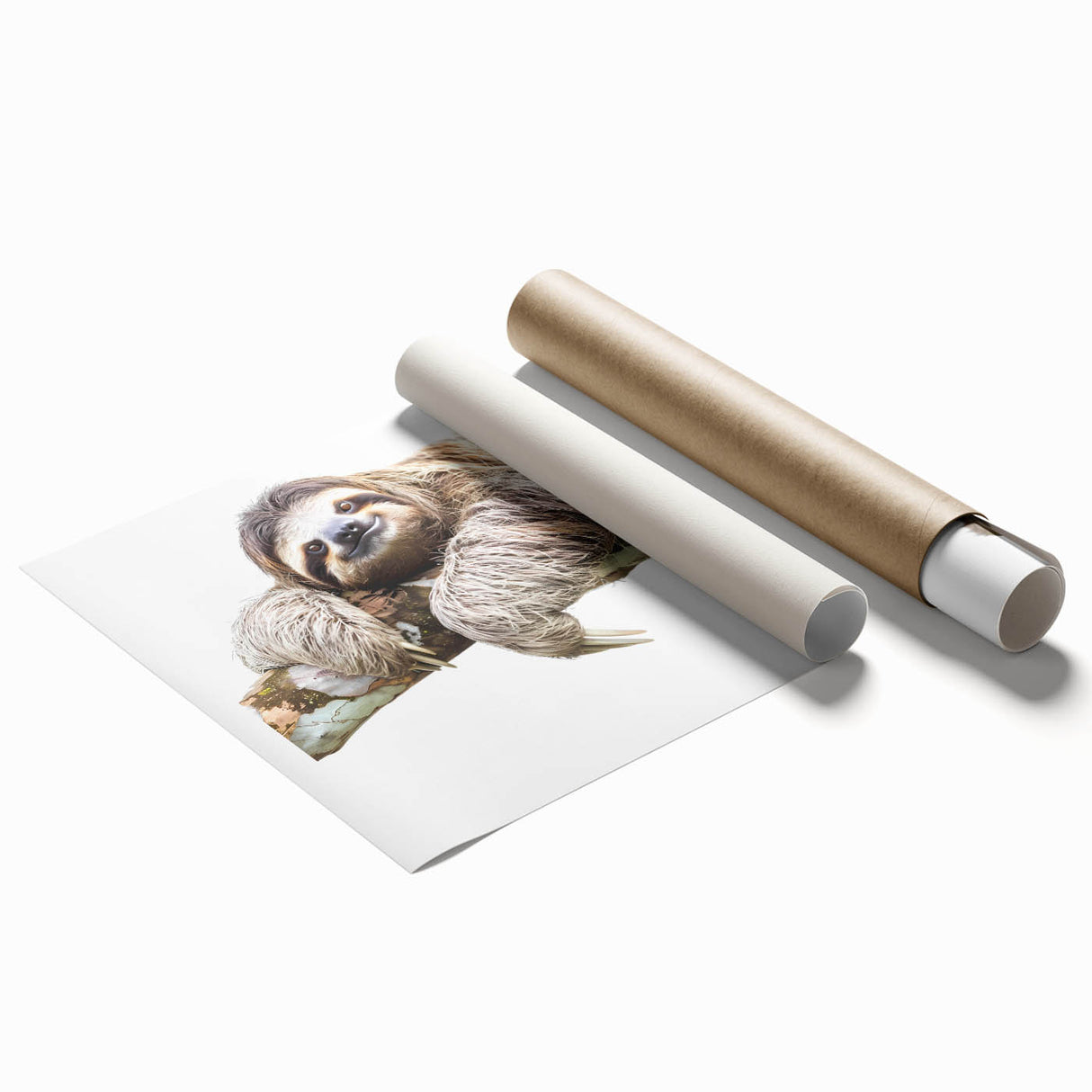 Rolled print of a sloth design from the "Animals A Wild Life" collection, featuring vibrant colors and intricate details, perfect for animal lovers' home decor.