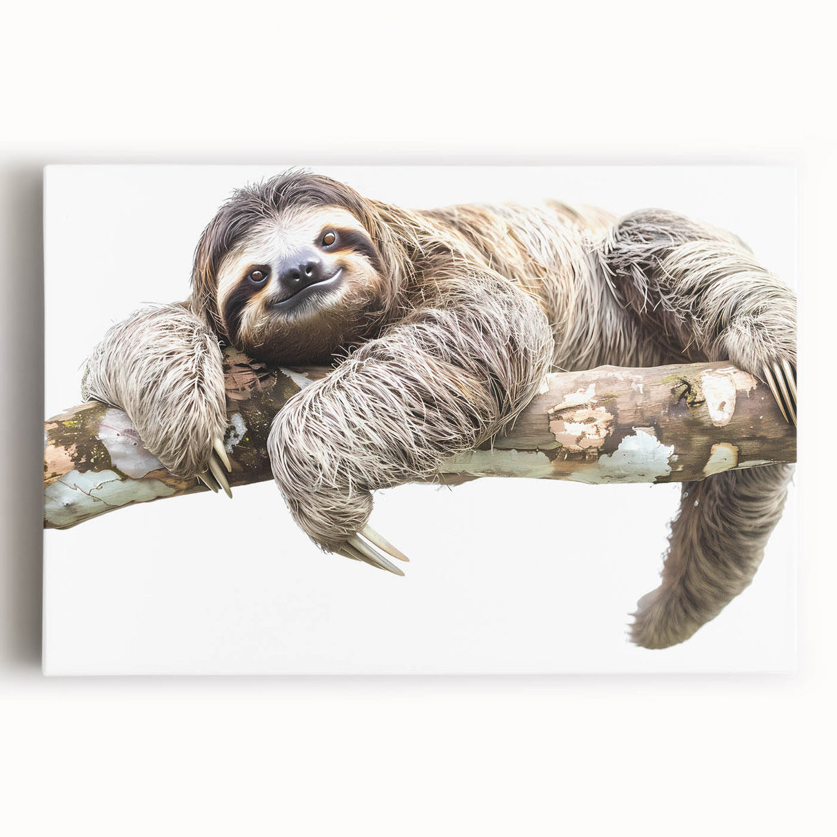 Stretched canvas wall art featuring a vibrant sloth design, showcasing bold colors and intricate details, perfect for animal lovers and home decor enthusiasts.