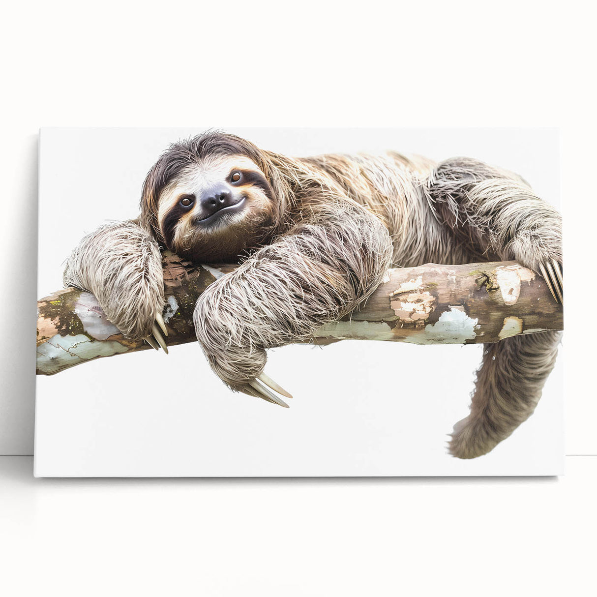 Sloth wall art design on stretched canvas, showcasing a vibrant and whimsical illustration of a sloth among tropical leaves, perfect for nature lovers and home decor enthusiasts.