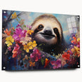 Side view of a colorful acrylic glass wall art featuring a sloth design, showcasing detailed illustrations and vibrant colors, ideal for animal-themed decor.