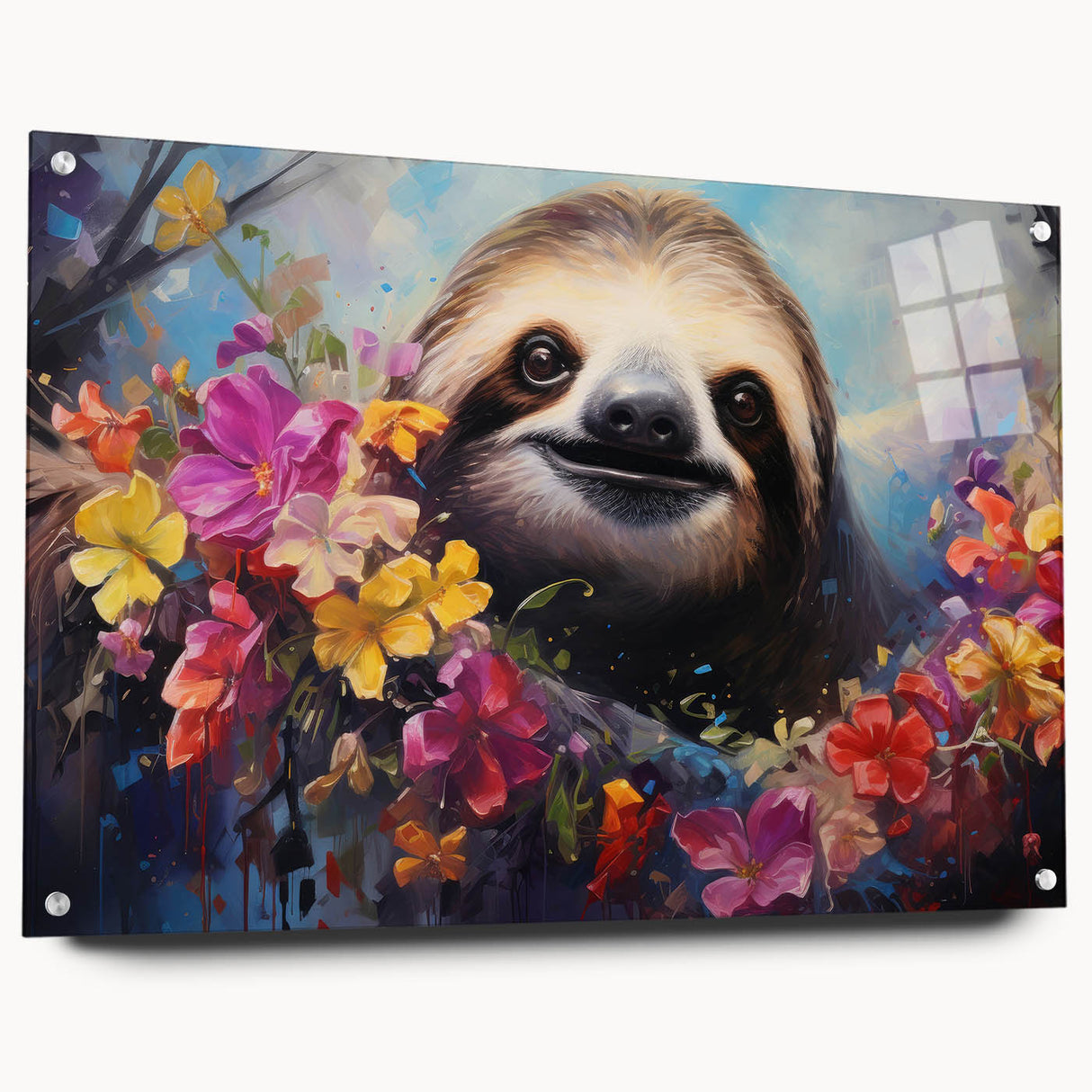 Side view of a colorful acrylic glass wall art featuring a sloth design, showcasing detailed illustrations and vibrant colors, ideal for animal-themed decor.