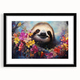 Sloth-themed wall art design showcased in a black frame with a white mat, featuring a vibrant, colorful illustration of a sloth in a jungle setting. Perfect for animal lovers and nature enthusiasts looking to enhance their home decor.