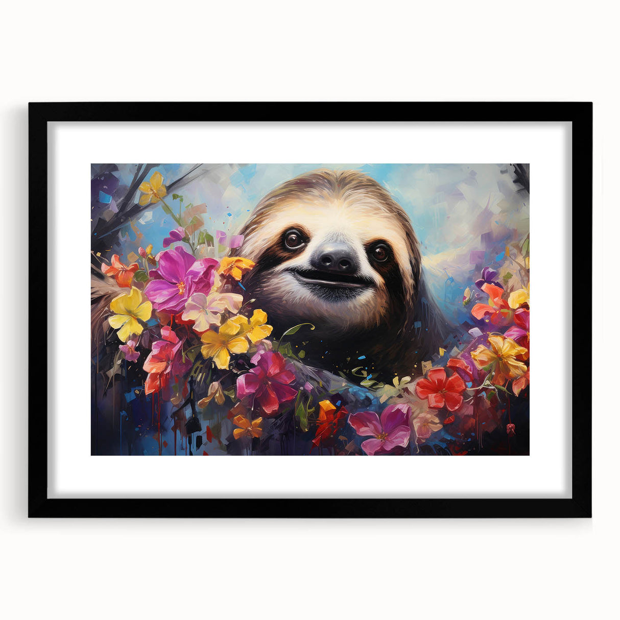 Sloth-themed wall art design showcased in a black frame with a white mat, featuring a vibrant, colorful illustration of a sloth in a jungle setting. Perfect for animal lovers and nature enthusiasts looking to enhance their home decor.