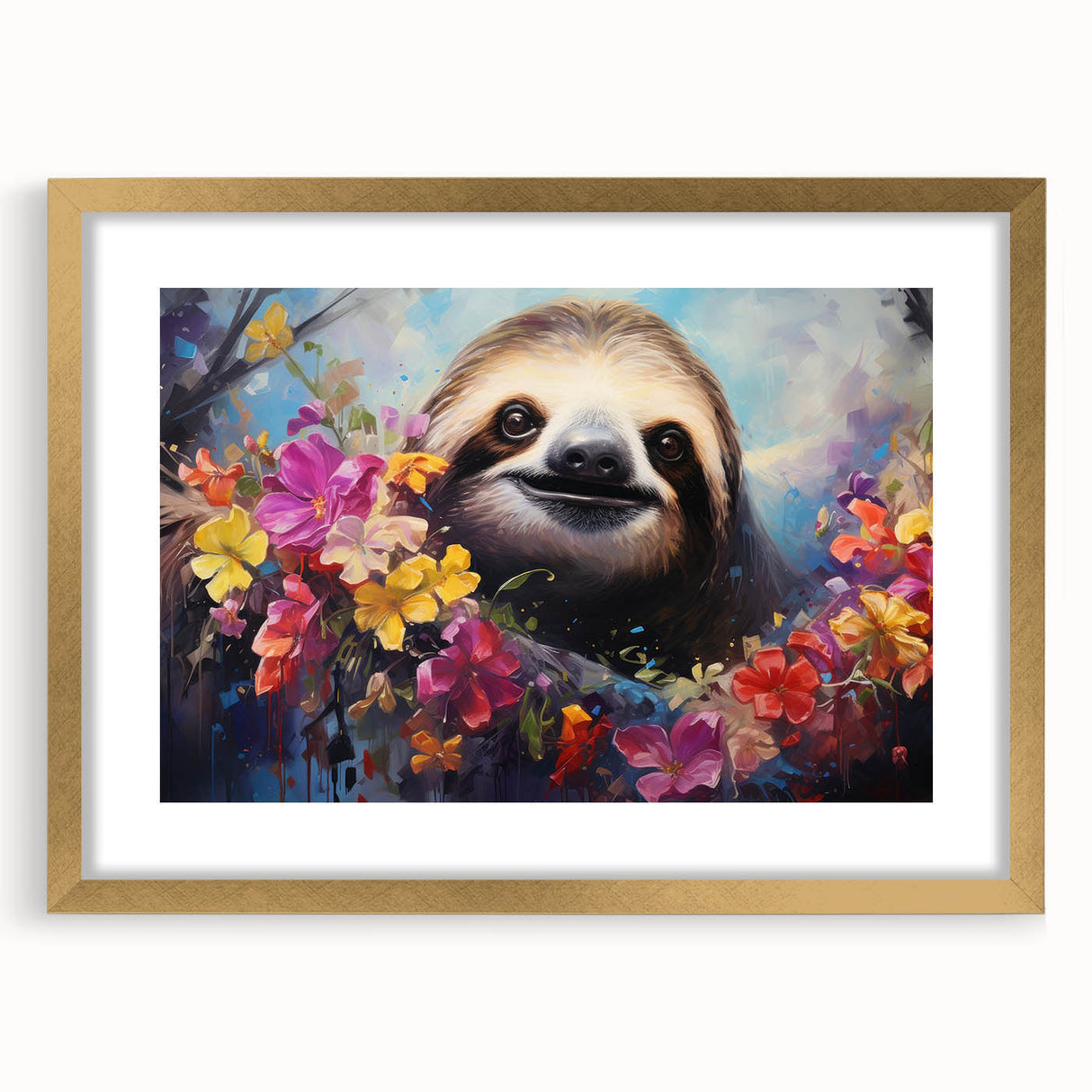 Framed wall art featuring a sloth design from the "Animals: A Wild Life" collection, set in a stylish gold frame with a mat, perfect for nature-themed decor.