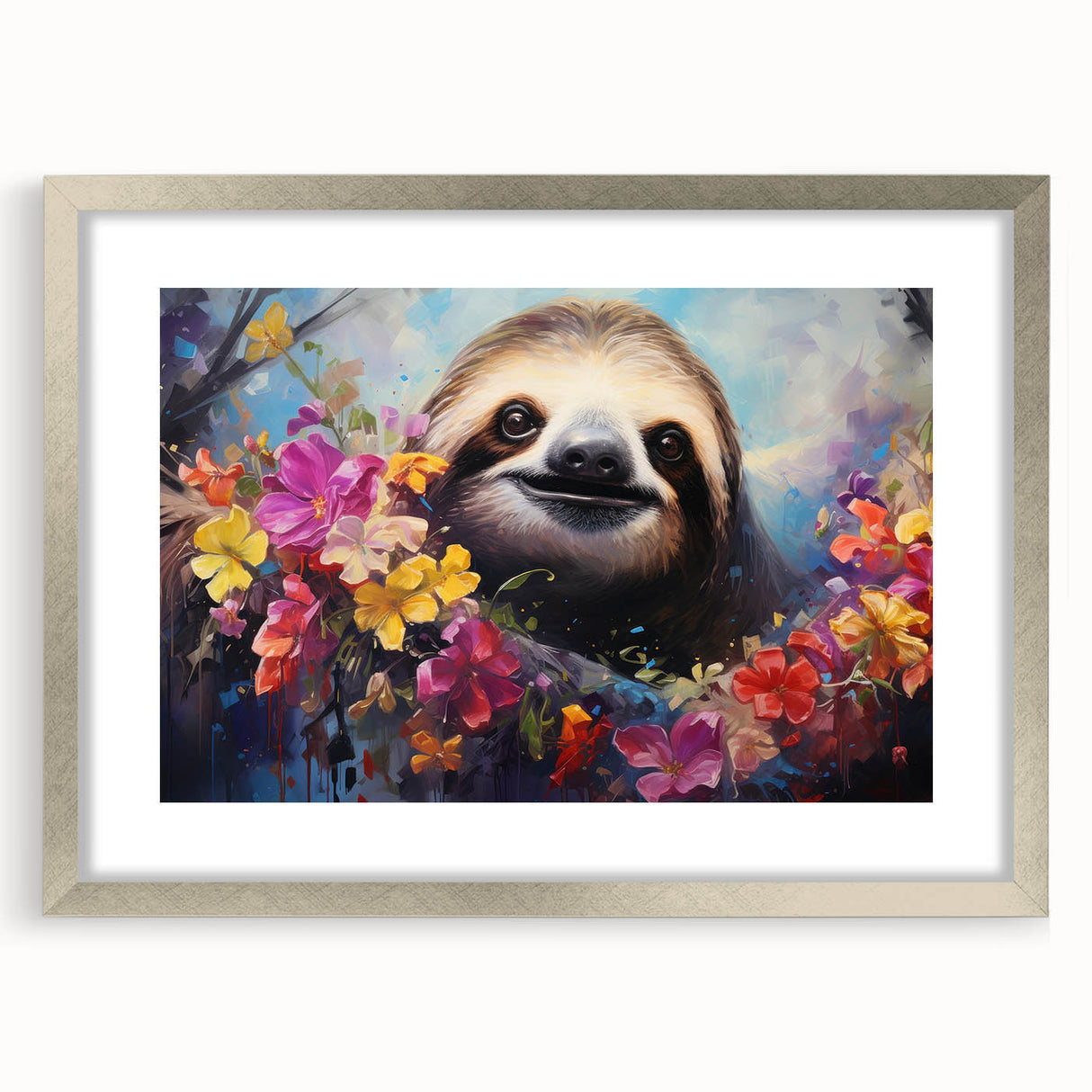 Sloth wall art design framed in a sleek silver mat, showcasing vibrant colors and intricate detailing, perfect for nature-themed home decor and animal lovers.