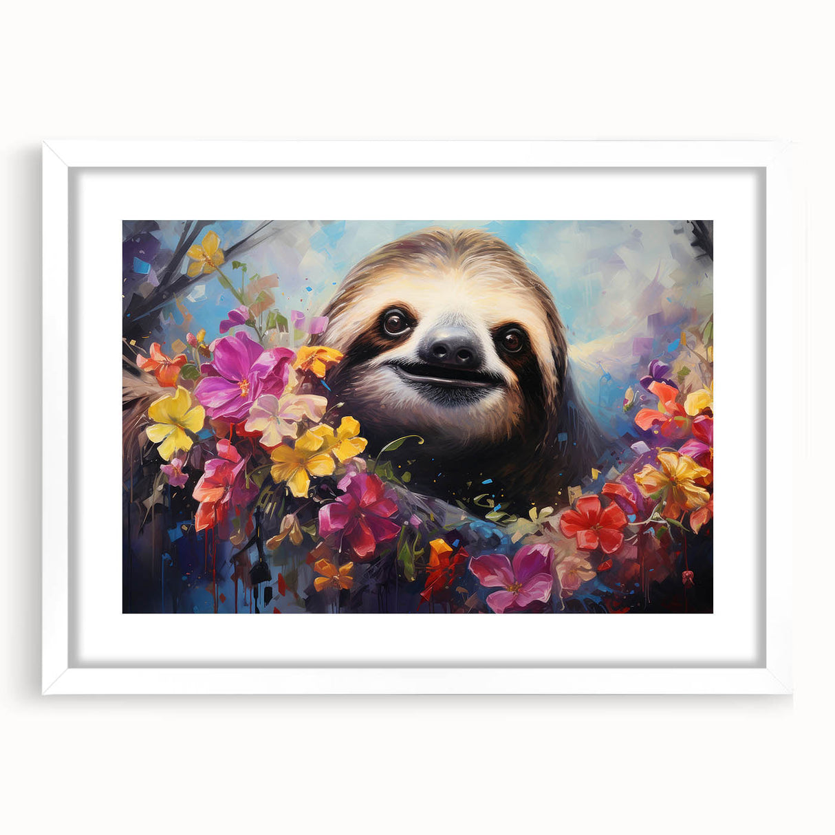 Front view of a white-framed wall art piece featuring a whimsical sloth design in a vibrant, colorful style, perfect for animal lovers and home decor enthusiasts. This framed art adds a playful touch to any room while highlighting the beauty of wildlife.