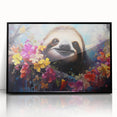 Framed wall art featuring a sloth design on acrylic, showcasing vibrant colors and a sleek black frame, perfect for animal-themed decor in modern interiors.