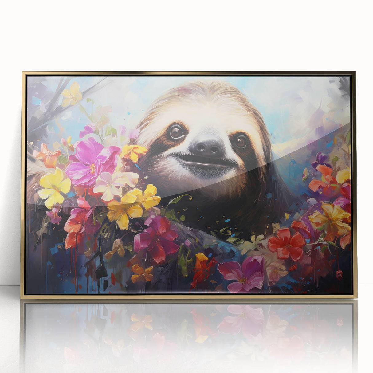 Framed wall art featuring a sloth design in vibrant colors, set in a gold-accented acrylic frame. Ideal for animal lovers and nature-themed decor.