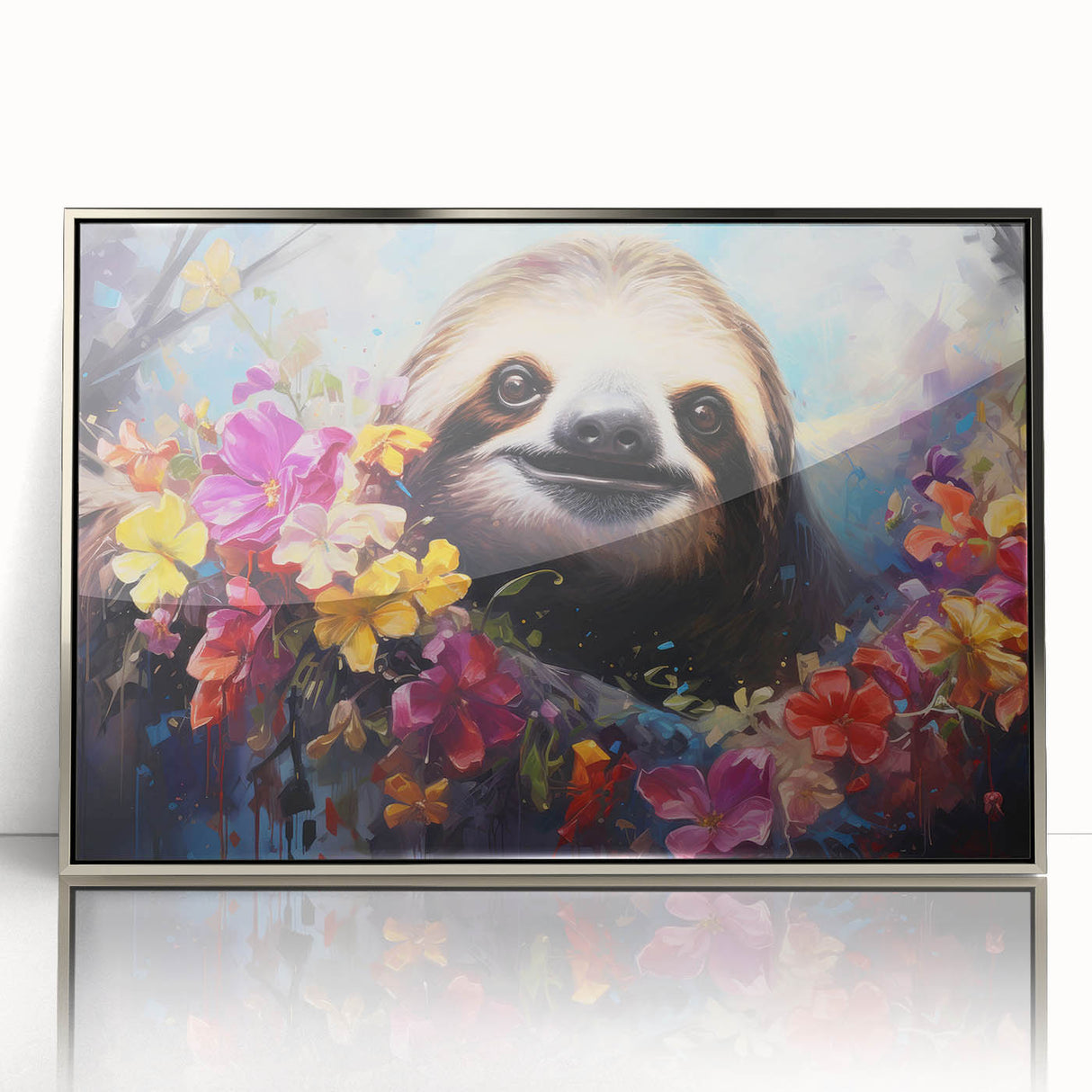 Framed wall art showcasing a sloth design in a silver-acrylic frame, perfect for animal lovers. This vibrant piece adds a playful touch to any decor.
