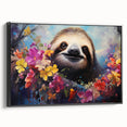 Framed canvas wall art featuring a sloth design from the "Animals: A Wild Life" collection, displayed against a black backdrop, showcasing vibrant colors and intricate details.