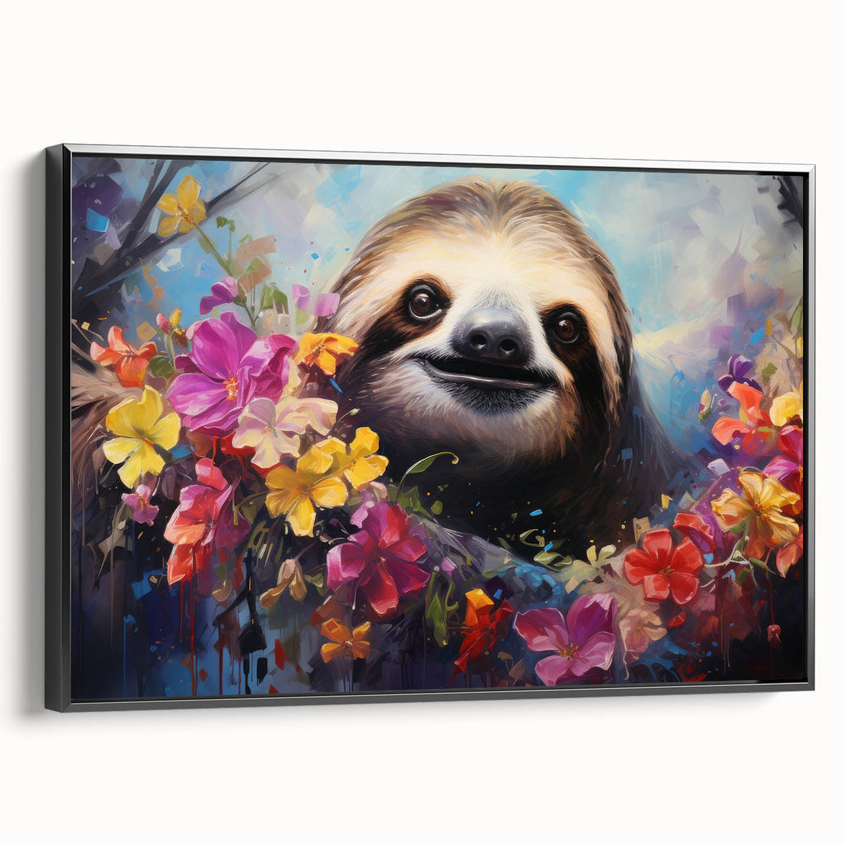 Framed canvas wall art featuring a sloth design from the "Animals: A Wild Life" collection, displayed against a black backdrop, showcasing vibrant colors and intricate details.