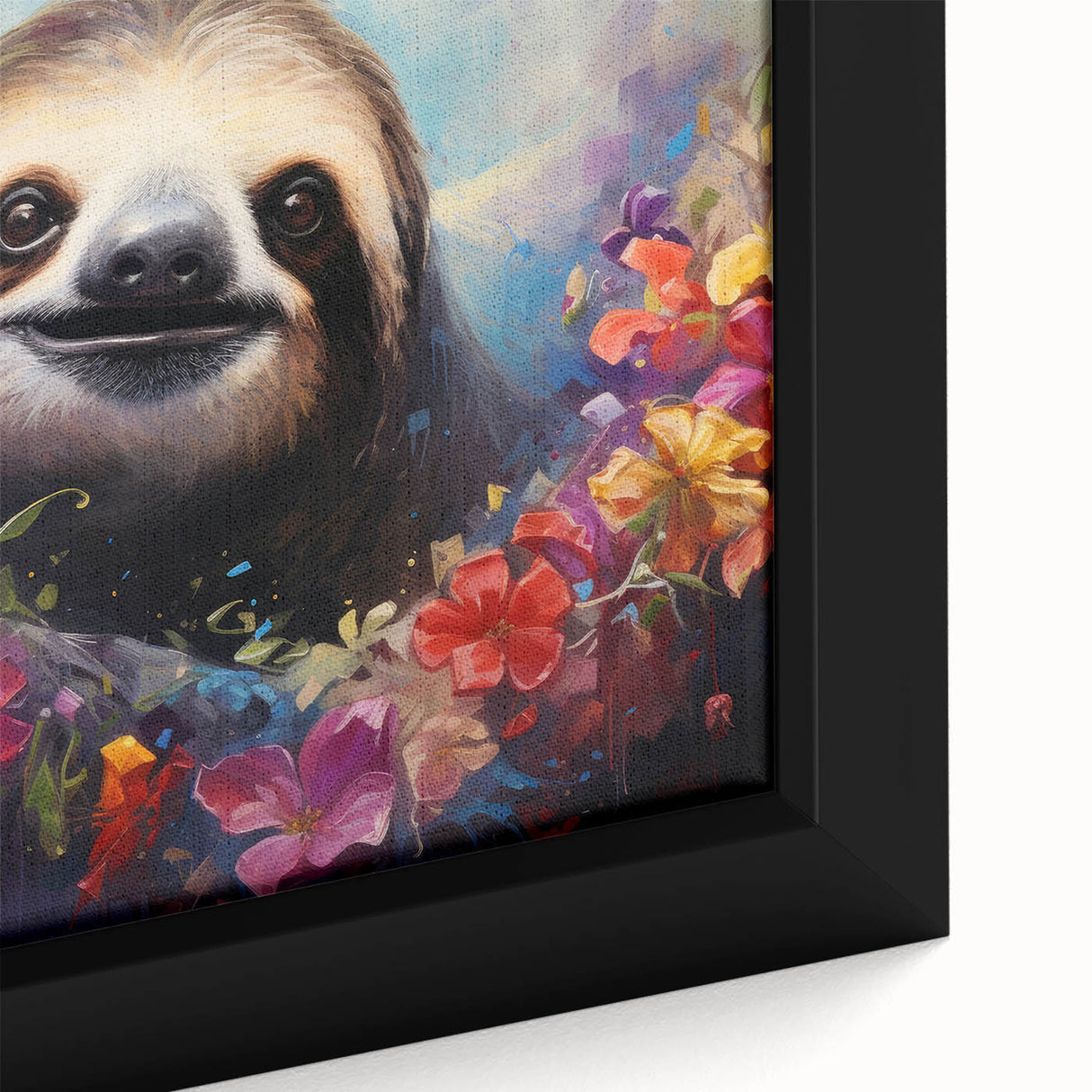 Close-up of a framed canvas wall art featuring a sloth design, showcasing vibrant colors and intricate details, perfect for nature lovers and home decor enthusiasts.