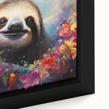 Close-up of a framed canvas wall art featuring a sloth design, showcasing vibrant colors and intricate details, perfect for nature lovers and home decor enthusiasts.