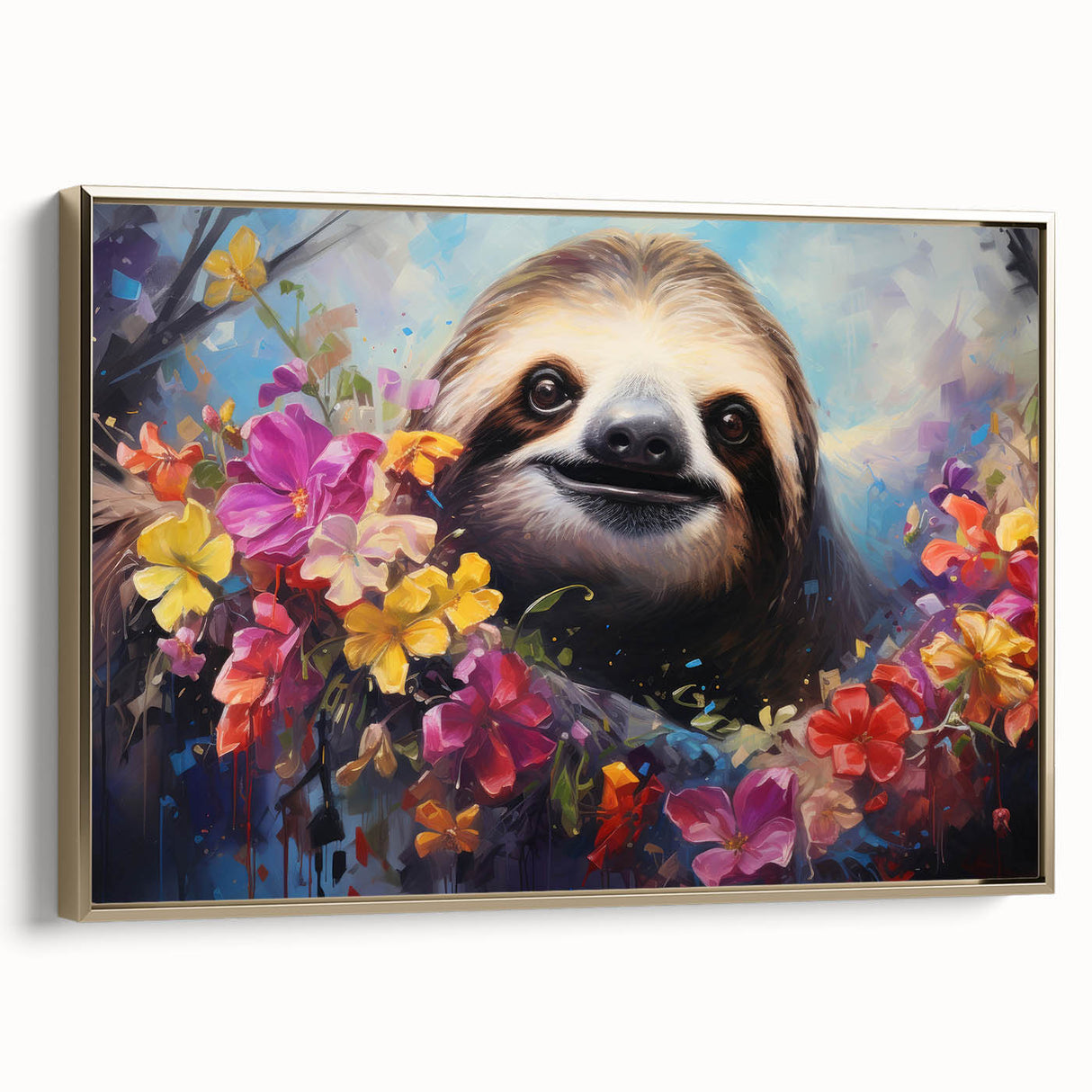Framed canvas wall art featuring a sloth design in a gold frame, showcasing intricate details and vibrant colors, perfect for animal lovers and home decor enthusiasts.