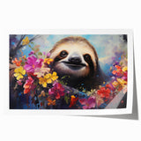 Sloth-themed wall art print featuring vibrant colors and intricate details, showcasing a serene sloth in a tropical setting, rolled for easy display and shipping.