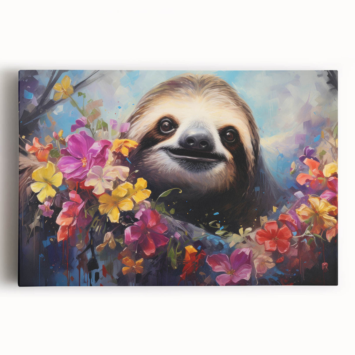 Stretched canvas wall art showcasing a vibrant sloth design, featuring rich colors and intricate details, perfect for adding a whimsical touch to home decor.