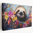 Side view of a stretched canvas wall art featuring a vibrant sloth design surrounded by tropical foliage, perfect for animal lovers and home decor enthusiasts.