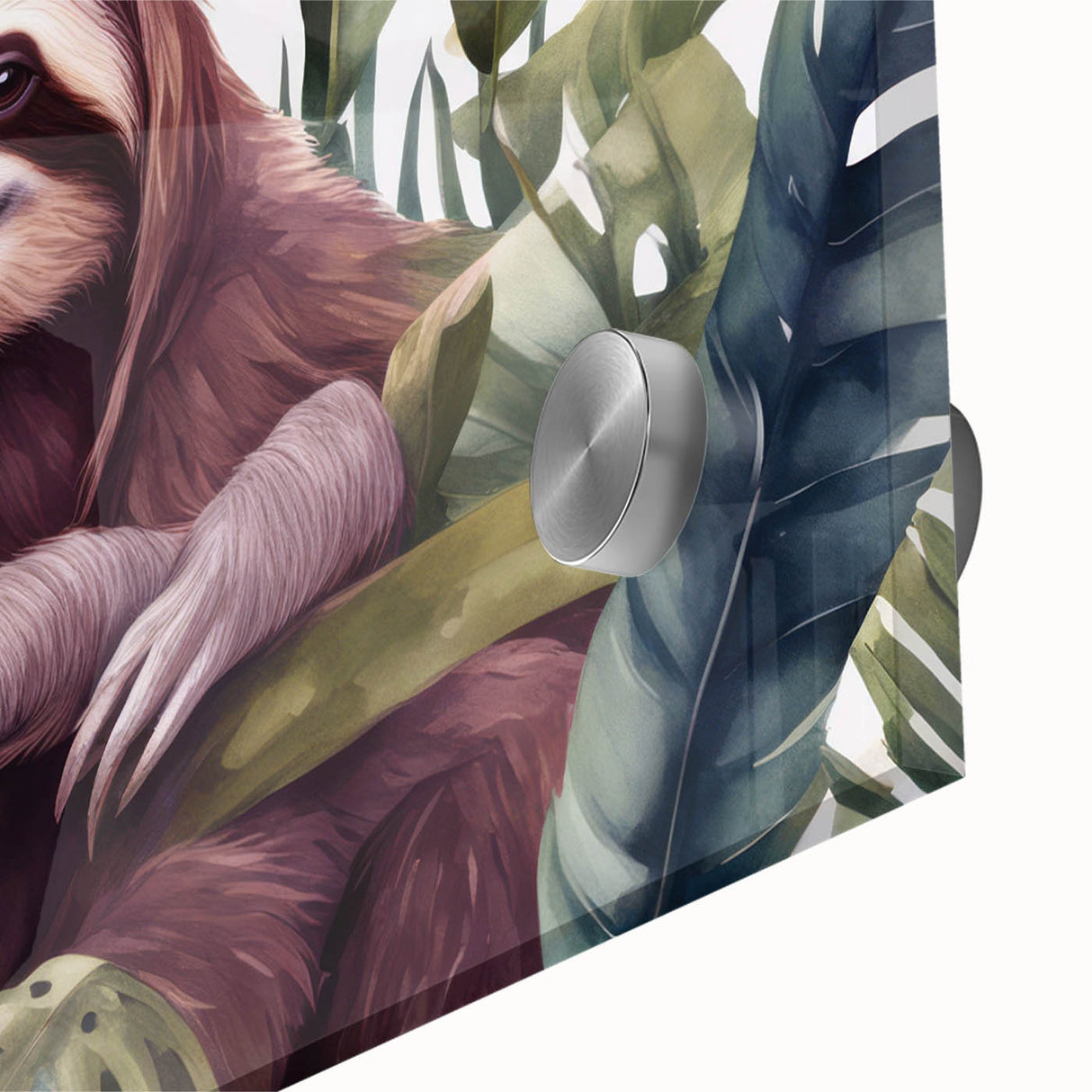 Close-up view of a vibrant acrylic wall art piece featuring a sloth design, showcasing intricate details and colors, ideal for wildlife enthusiasts' decor.