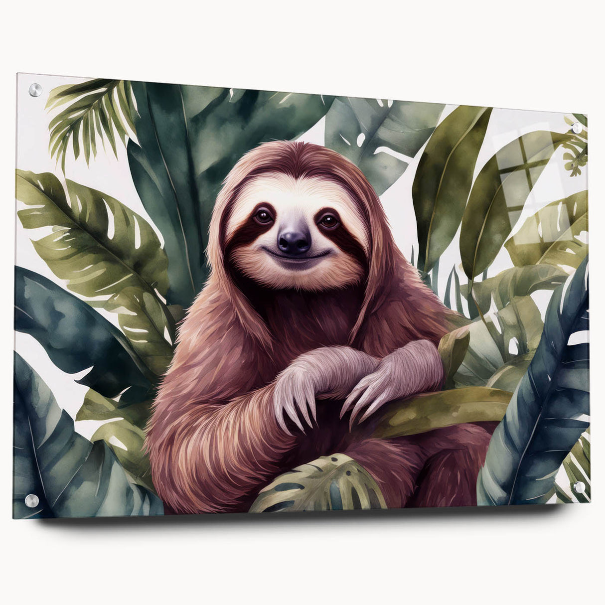 Close-up of a sloth-themed wall art piece displayed in a modern acrylic frame, showcasing vibrant colors and intricate details, perfect for animal lovers' decor.