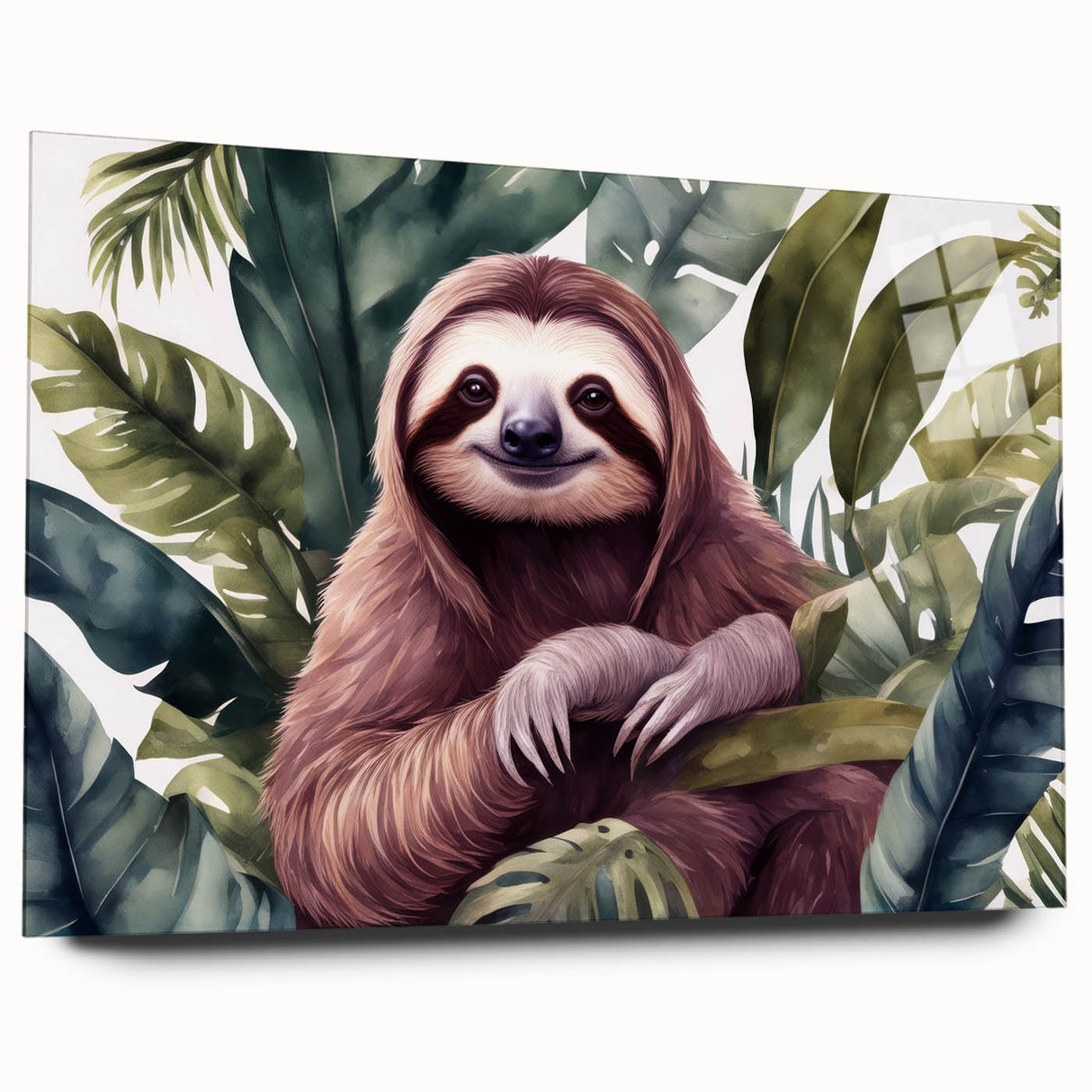 Acrylic glass wall art design featuring a sloth in a vibrant jungle setting, showcasing intricate details and textures for a captivating home decor piece.