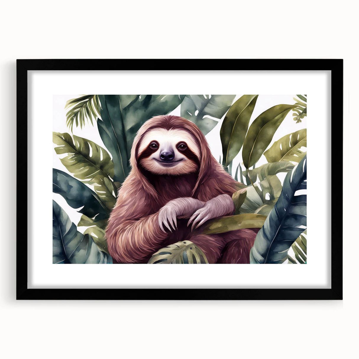 Framed wall art featuring a sloth design, showcasing vibrant colors and intricate details, set against a black mat, perfect for animal lovers' decor.