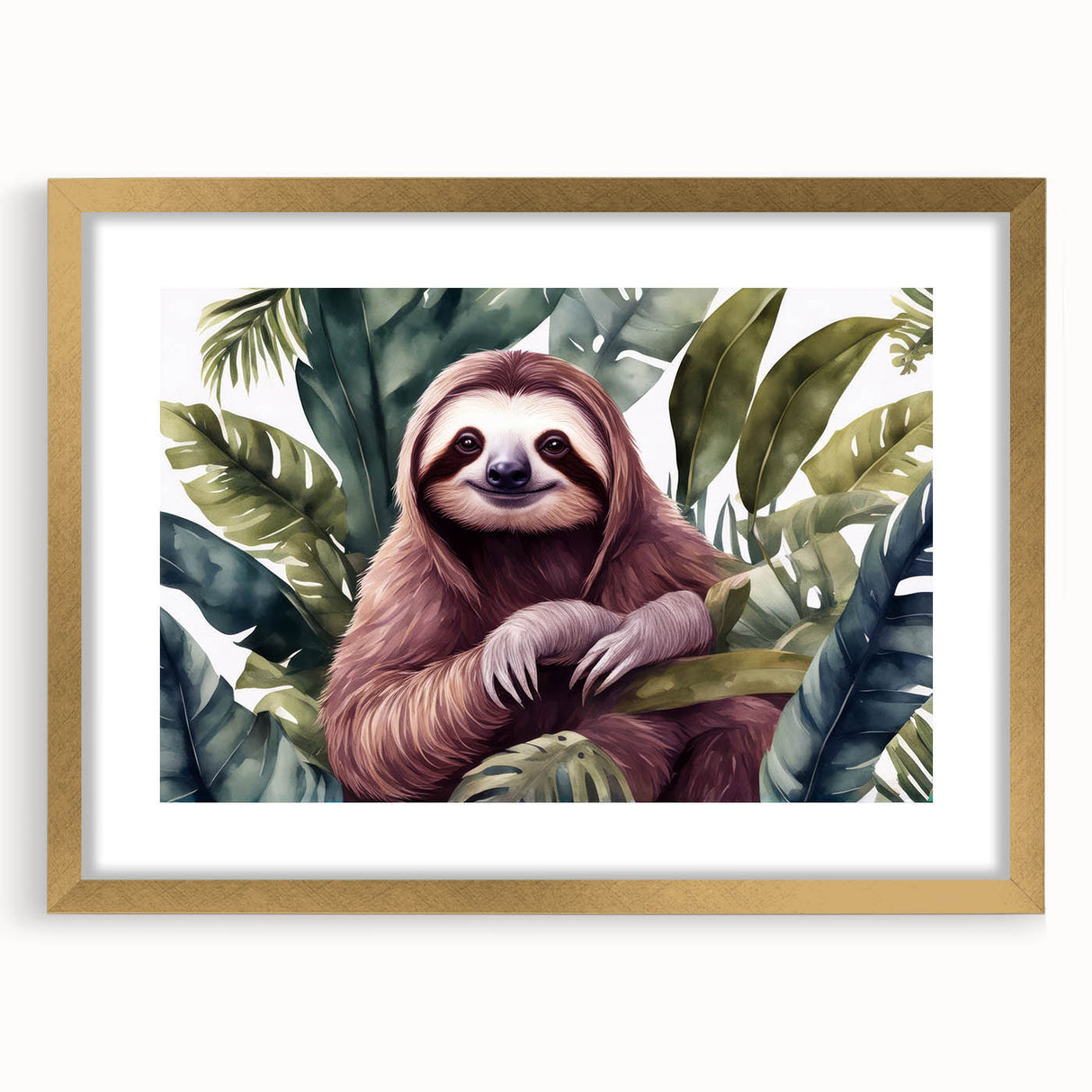 Luxurious wall art featuring a sloth design in a gold frame with matting, perfect for animal lovers seeking unique home decor. Ideal for nature-inspired interiors.