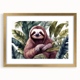 Luxurious wall art featuring a sloth design in a gold frame with matting, perfect for animal lovers seeking unique home decor. Ideal for nature-inspired interiors.