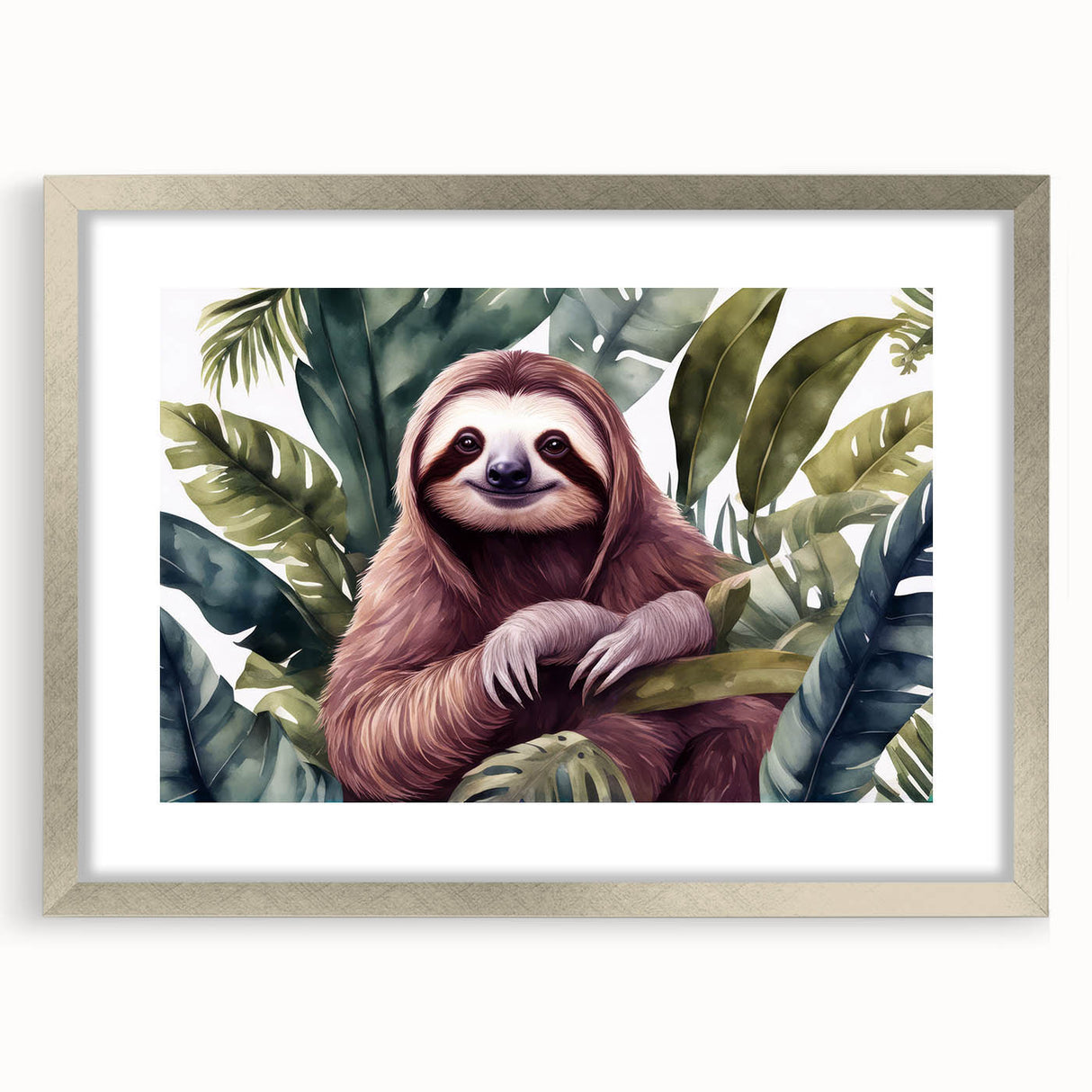 Sloth-themed wall art collection in a silver frame with matting, showcasing a vibrant, whimsical design, ideal for nature lovers' home decor.