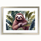 Sloth-themed wall art collection in a silver frame with matting, showcasing a vibrant, whimsical design, ideal for nature lovers' home decor.