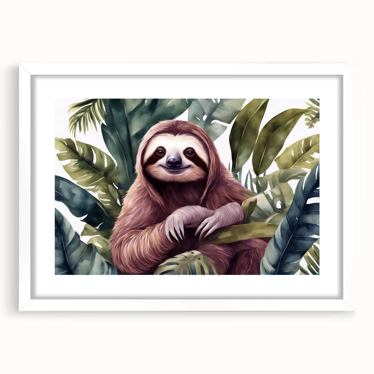 Sloth-themed wall art collection framed with a white mat, showcasing a colorful and whimsical design, perfect for animal lovers’ home decor.