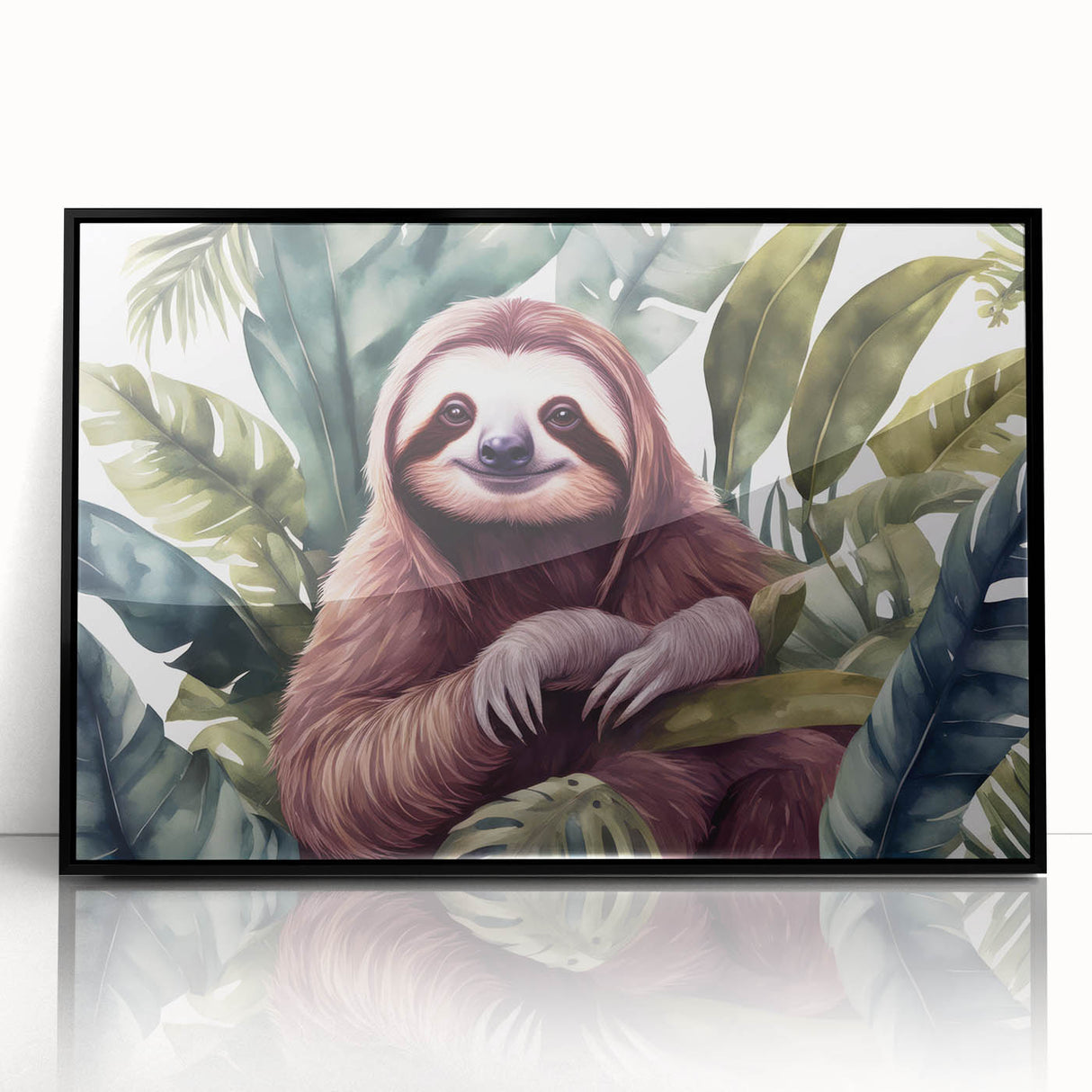 Framed acrylic wall art featuring a sloth design in a vibrant jungle setting, showcasing detailed textures and colors, perfect for animal lovers' home decor.