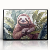 Framed acrylic wall art featuring a sloth design in a vibrant jungle setting, showcasing detailed textures and colors, perfect for animal lovers' home decor.
