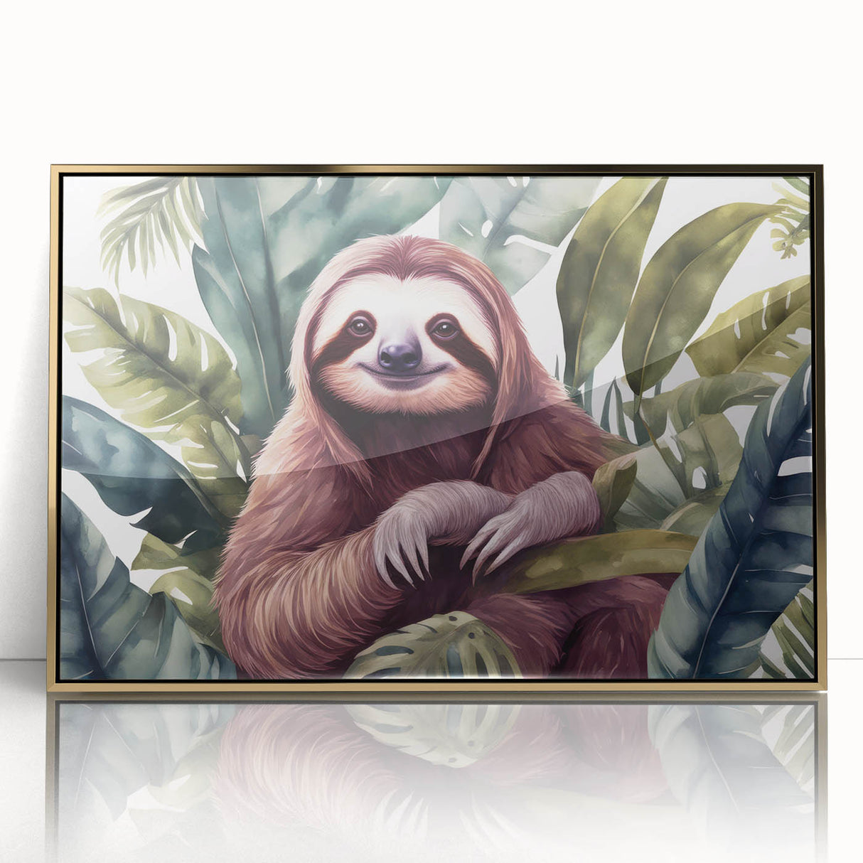 Framed acrylic wall art showcasing a sloth design with vibrant colors and a gold frame, perfect for adding a touch of nature-inspired decor to any room.