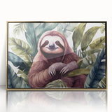 Framed acrylic wall art showcasing a sloth design with vibrant colors and a gold frame, perfect for adding a touch of nature-inspired decor to any room.
